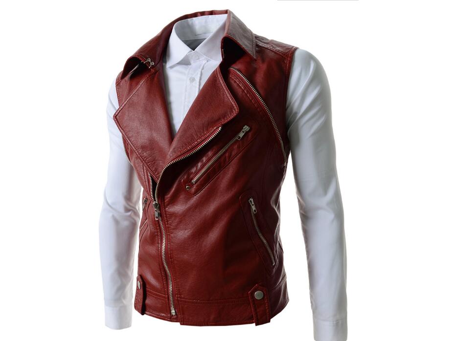Wholesale-New ! Mens Removable Sleeve Designer High Quality PU Leather Jacket Men Motorcycle Jacket Jaqueta Couro Color : Red / Black