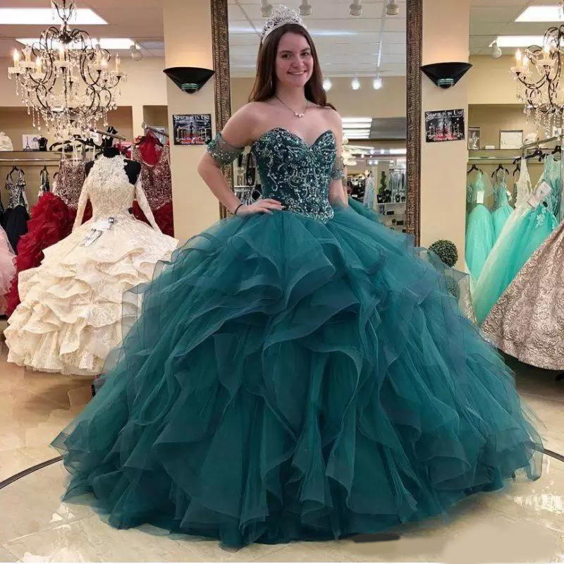 2020 Sexy Hunter Green Detachable Sleeves Ball Gown Quinceanera Prom dresses Sweetheart Ruffles Tulle Beads Sweet 15 Dress Vastidos De Dress