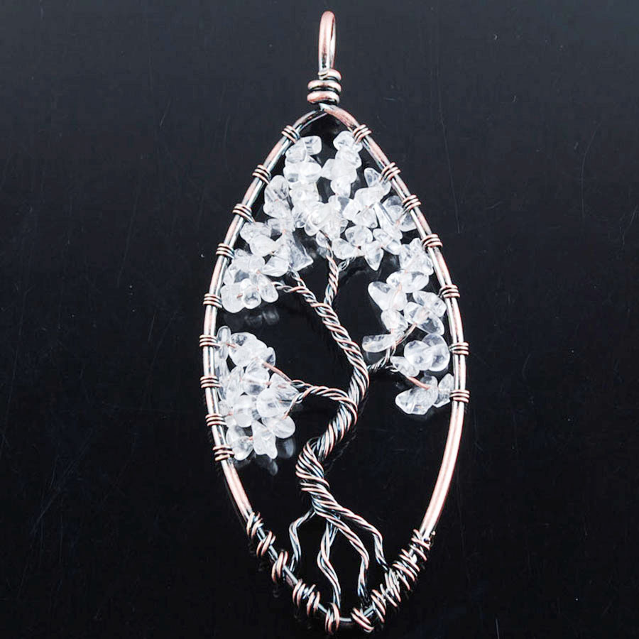 WOJIAER 94x37mm The Tree Of Life Pendant Handmade Tigers Eye Amethyst Gem Stone Marquise Shape BN325