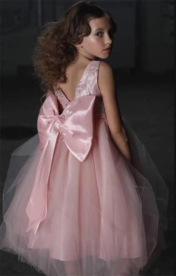 Pink Little New Pageant Dresses Jewel Lace Appliques Beaded Tulle V Back With Bow Flower Girls Dress For Wedding Birthday Gowns