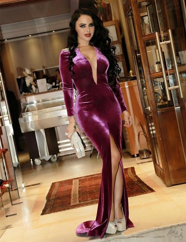 2019 Robe De Soiree Dubai Velvet Prom Dresses Fuchsia High Slit Deep V Neck long sleeves Sexy Mermaid Evening Gowns