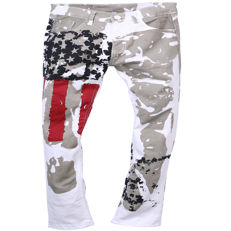 2017 New Arrival Men Casual American USA Flag Printed Jeans Pants Mens Graffiti Print white hip-hop fashion Jeans