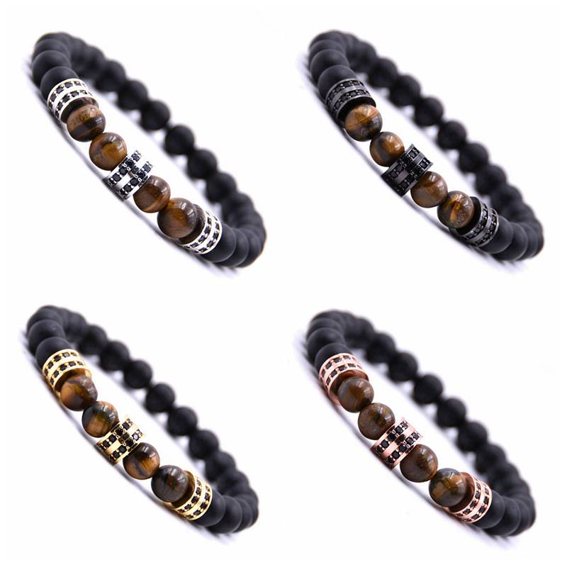 Men's and women's 8mm matte black agate silver micro-inlaid cylindrical spacer bracelet natural stone yoga bracelet bracelet
