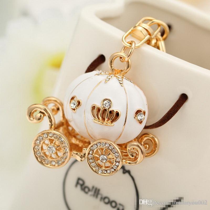 Cinderella Pumpkin Carriage Keychain Key Chain White and Pink Color Gold Plated Alloy Key Ring Wedding Favors Party Gift