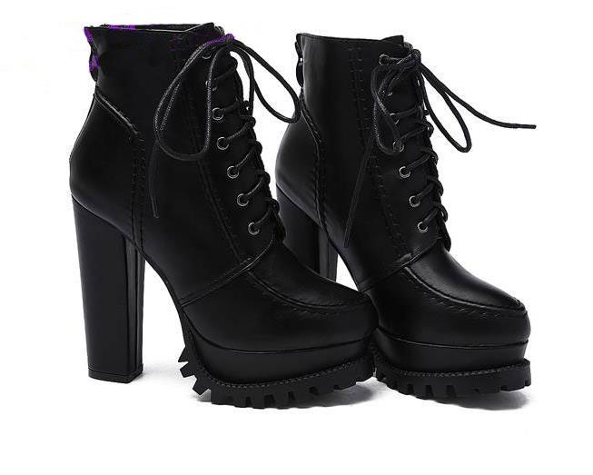 Fashion Women Gothic Boots Lace Up Ankle Boots Platform Punk Shoes Ultra Very High Heel Bootie Block Chunky Heel size 3439
