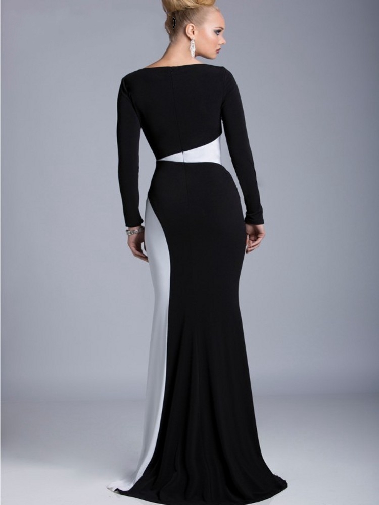 2020 Elegant Black and White Long Satin Formal Evening Dress Arabic Dubai Long Sleeve Mermaid Party Evening Gowns robe de soiree
