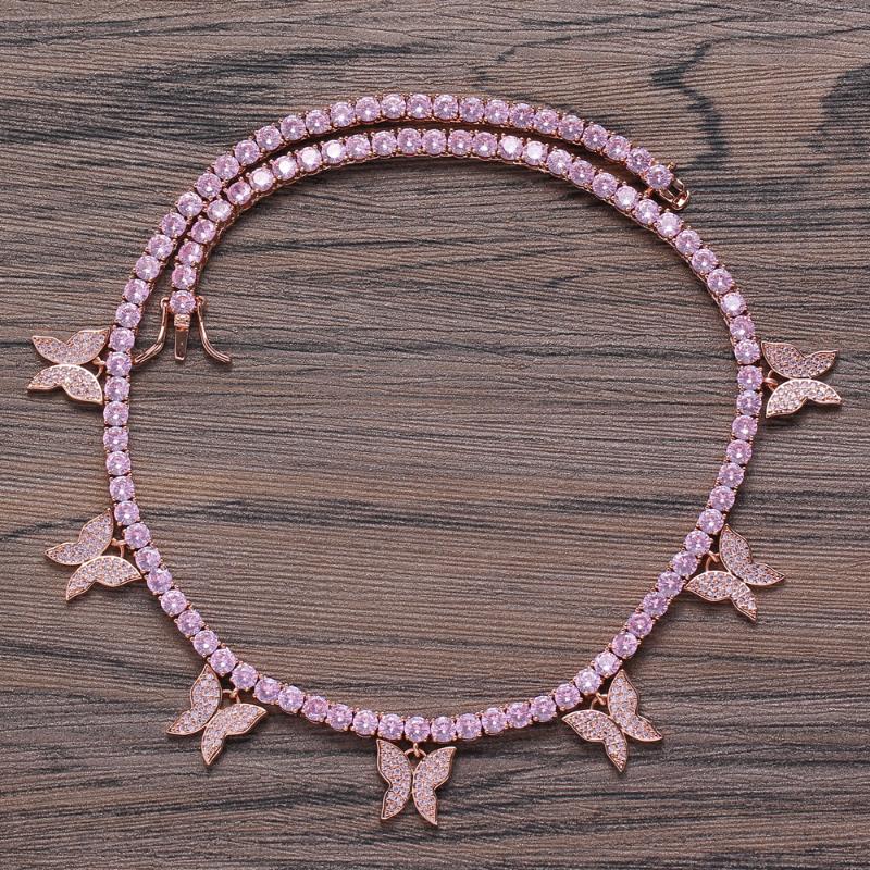Hiphop Bling Bling Iced Out CZ Tennis Chain 1 Row Butterfly Necklaces Gold Color Chain Fashion Jewelry