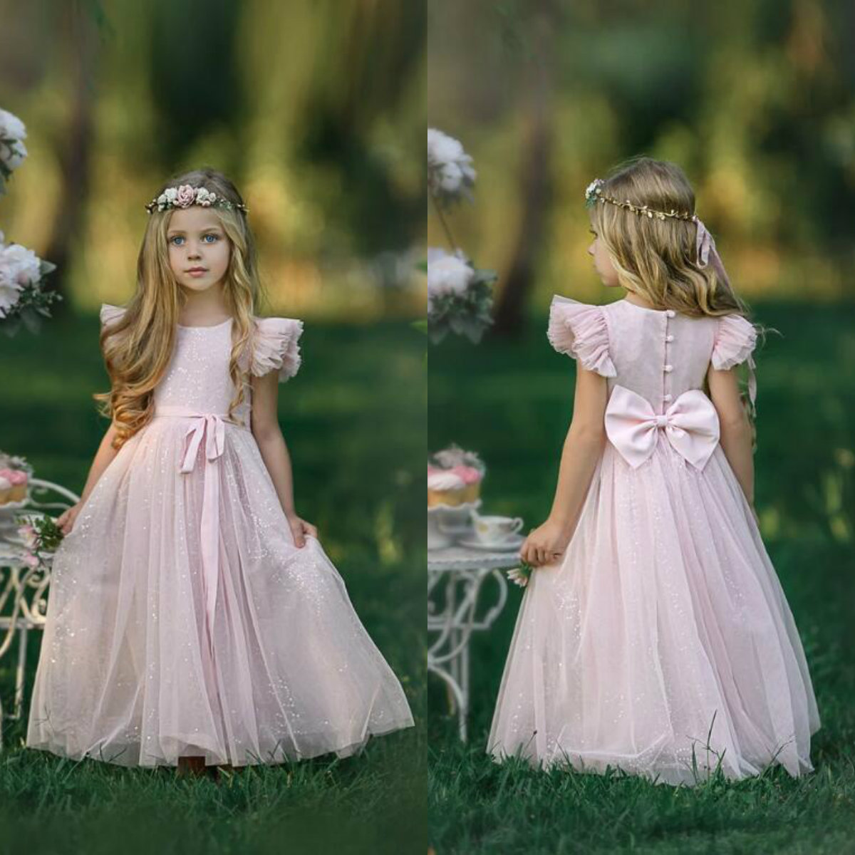 2020 Cute Pink Flower Girl Dresses Lace Sequins A Line Lace First Communion Dress Jewel Neck Prom Gowns Party Wear