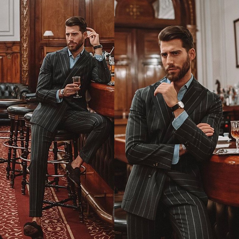 Handsome Pinstripe Groom Wedding Suits Groom Slim Fit Double Breasted Formal Work Prom Office Blazer Jacket(Jacket+Pants)