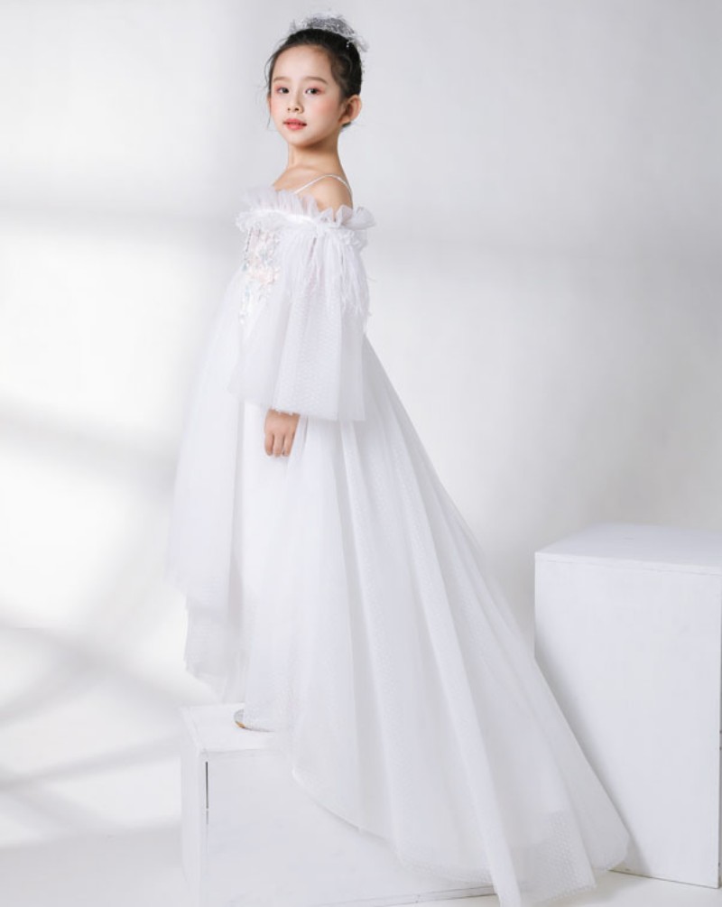 Lovely A Line Flower Girls' Dresses White Spaghetti Tulle Pageant Dresses Applique High Low Chiffon Dress For Wedding