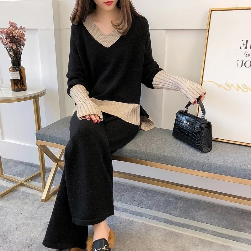 H.SA 2018 Winter New Women Two Pieces Sweater Suite V neck Loose Style Female Knit Jumpers Wide Leg Pants Sweater Suit KoreanMX190928