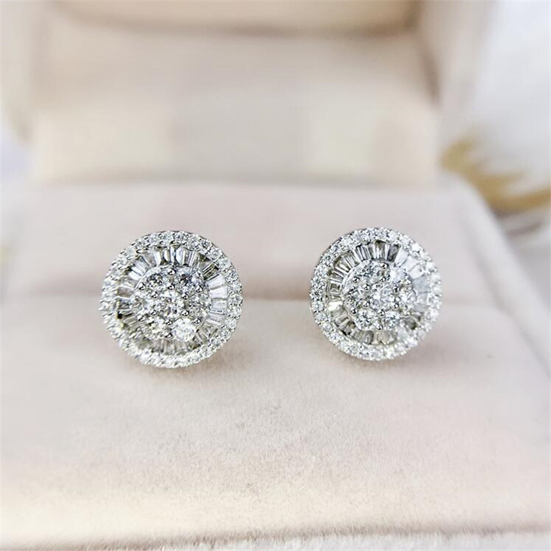 Circle Stud Earrings: Sterg Sier, Princess Cut White Topaz CZ, Wedding Bridal Jewelry Gift for Women