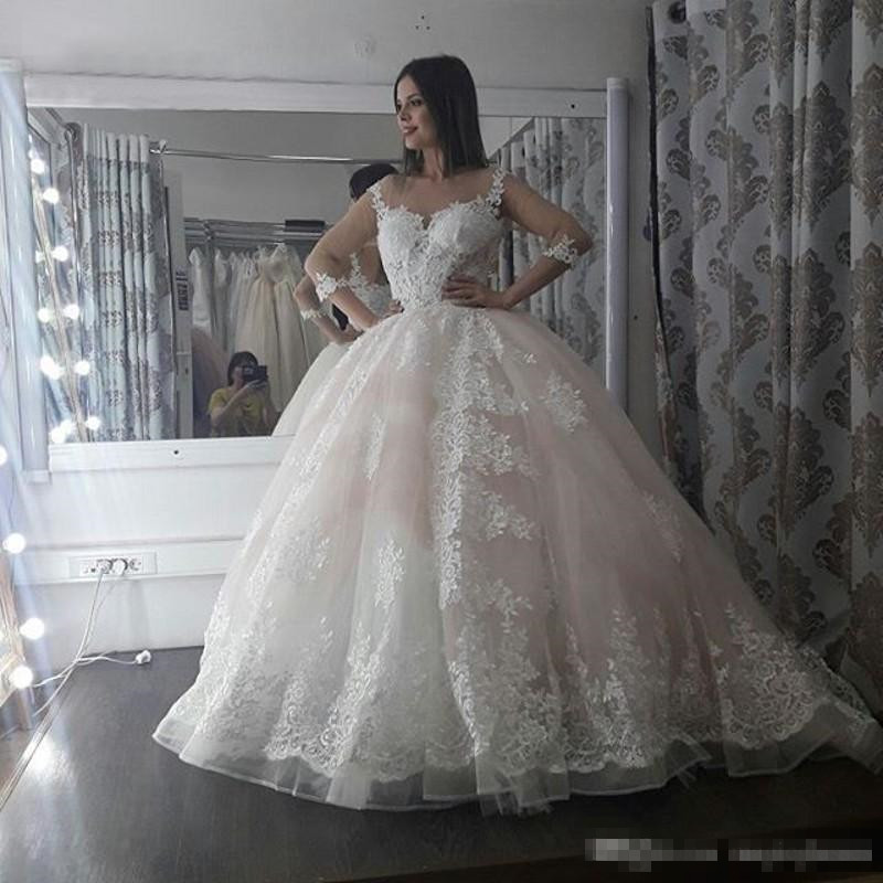 Lace Applique Ball Gown Dresses With Straps Organza Sweep Train Custom Made Plus Size Wedding Bridal Gowns