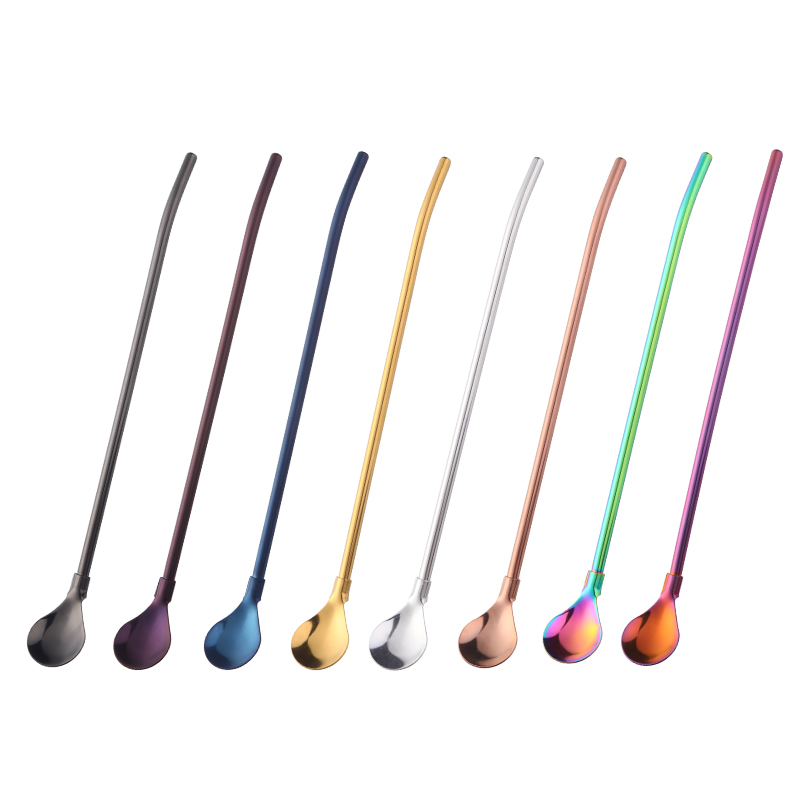 8 Colors Stainless Steel Long Metal Drinking Straw Spoon with Cleaning Brush Coffee Bar Kitchen Party Drink Accessories