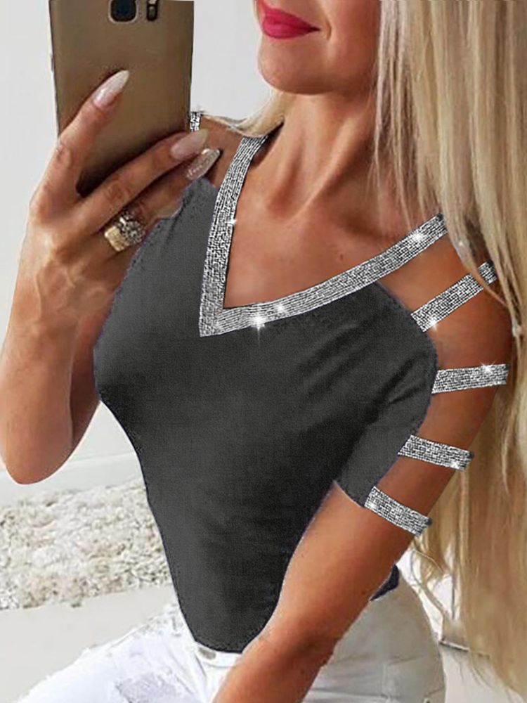 2019 New Summer Women Elegant Short Sleeve Leisure Top Female Leisure Basic Shirt Glitter Ladder Cutout Sleeve Casual Blouse