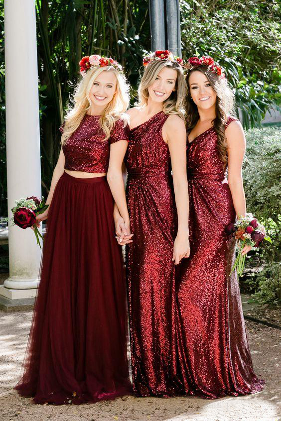 Burgundy Sequins Bridesmaid Dresses Country Mixed Custom Made Wedding Party Guest Gown Two Pieces Junior Maid of Honor Dress Cheap