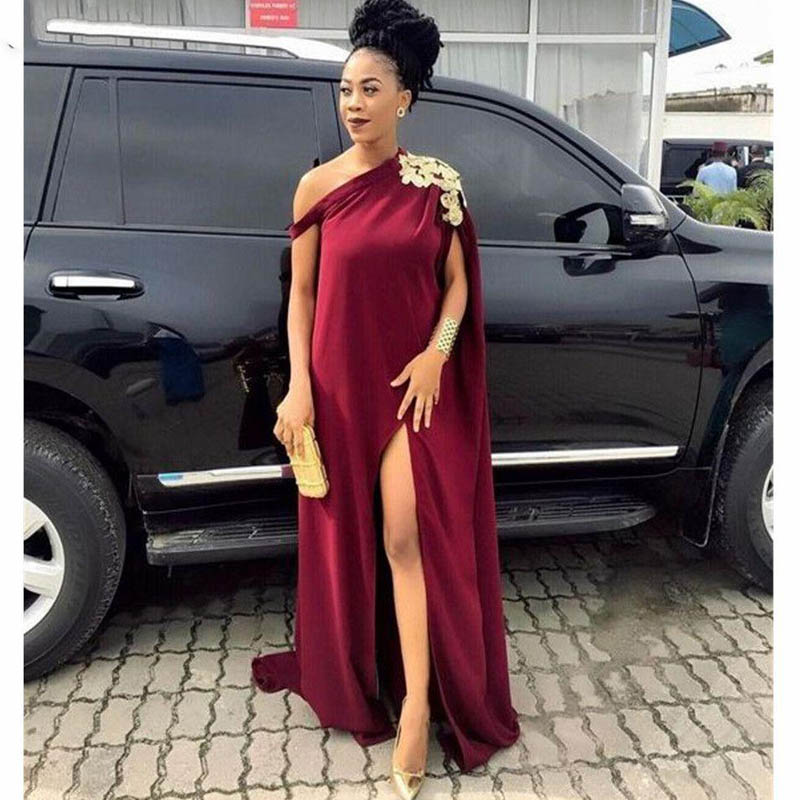 Burgundy One Shoulder Evening Dresses Long Gold Lace Appliques Chiffon Formal Evening Party Dress for Women With Split Slit
