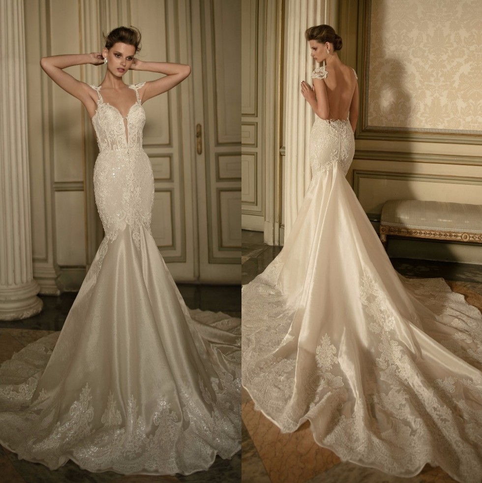 Sale Mermaid Hot Backless Wedding Dresses Sheer Deep V Neck Appliqued Sequined Bridal Gowns Satin Sweep Taffeta Trumpet Robe De Marie