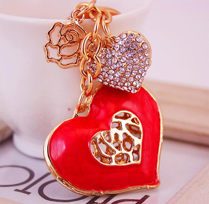 Crystal Heart Pendant Key Chains Glitter Enamel Alloy Rhinestone Charms Decor Fashion Keychain Gold Tone Plated Oil Drop Metal Car Keyring