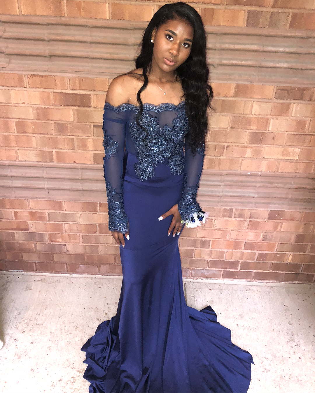 Blue Lace Navy Mermaid Prom Dresses Off Shoulder Applique Long Sleeves Sweep Train Evening Gowns Formal Dress Vestidos De Fiesta