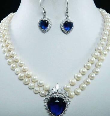 Free ShippiNG7-8mm Natural White Pearl Blue Crystal Pendant Necklace + Earrings Set