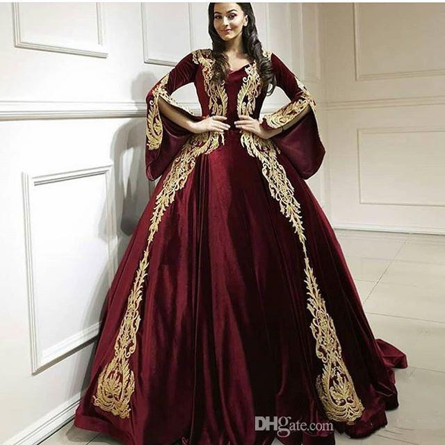 gothic burgundy prom dress velvet long sleeve gold lace appliqued v neck classic arabic celebrity customizable formal evening gowns