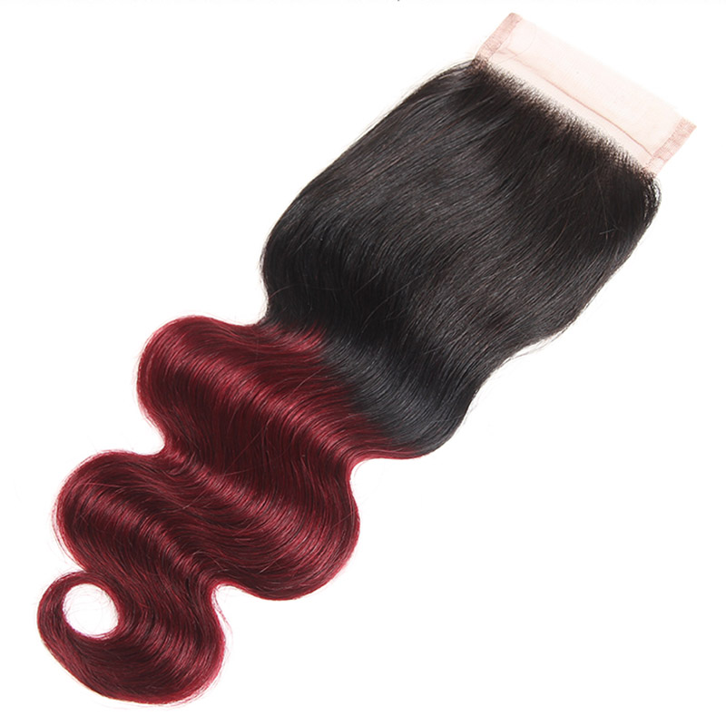 Indian Virgin Hair Two Tone 1B/99J Body Wave 4 Pieces/lot Bundles With 4X4 Lace Closure Middle Three Free Part