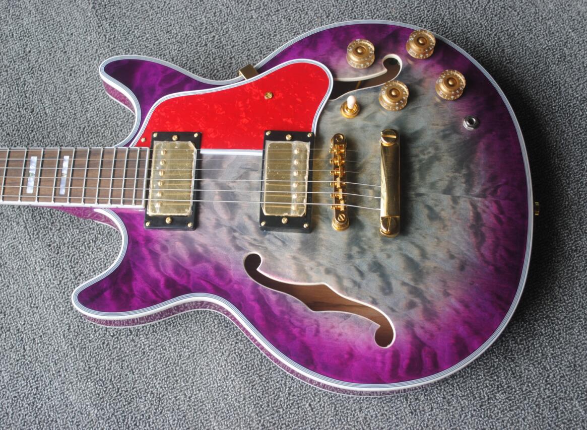 Custom 1959 339 Semi Hollow Body Purple Grey Jazz Electric Guitar Double F Holes, Quilted Maple Top & Back, Gold Grover Tuner, Red Pickguard
Custom 1959 339 Semi Hollow Body Purple Grey Jazz Electric Guitar Double F Holes, Quilted Maple Top & Back, Gold Grover Tuner, Red Pickguard