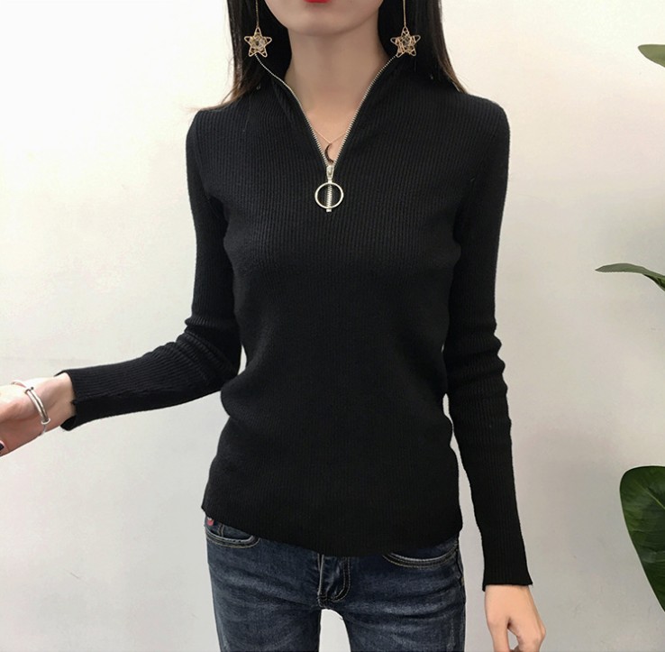 Casual Knitted Turtleneck Pullovers Sweater Women Autumn Winter Zipper Up Solid Slim Knitting Sweaters Pull Femme