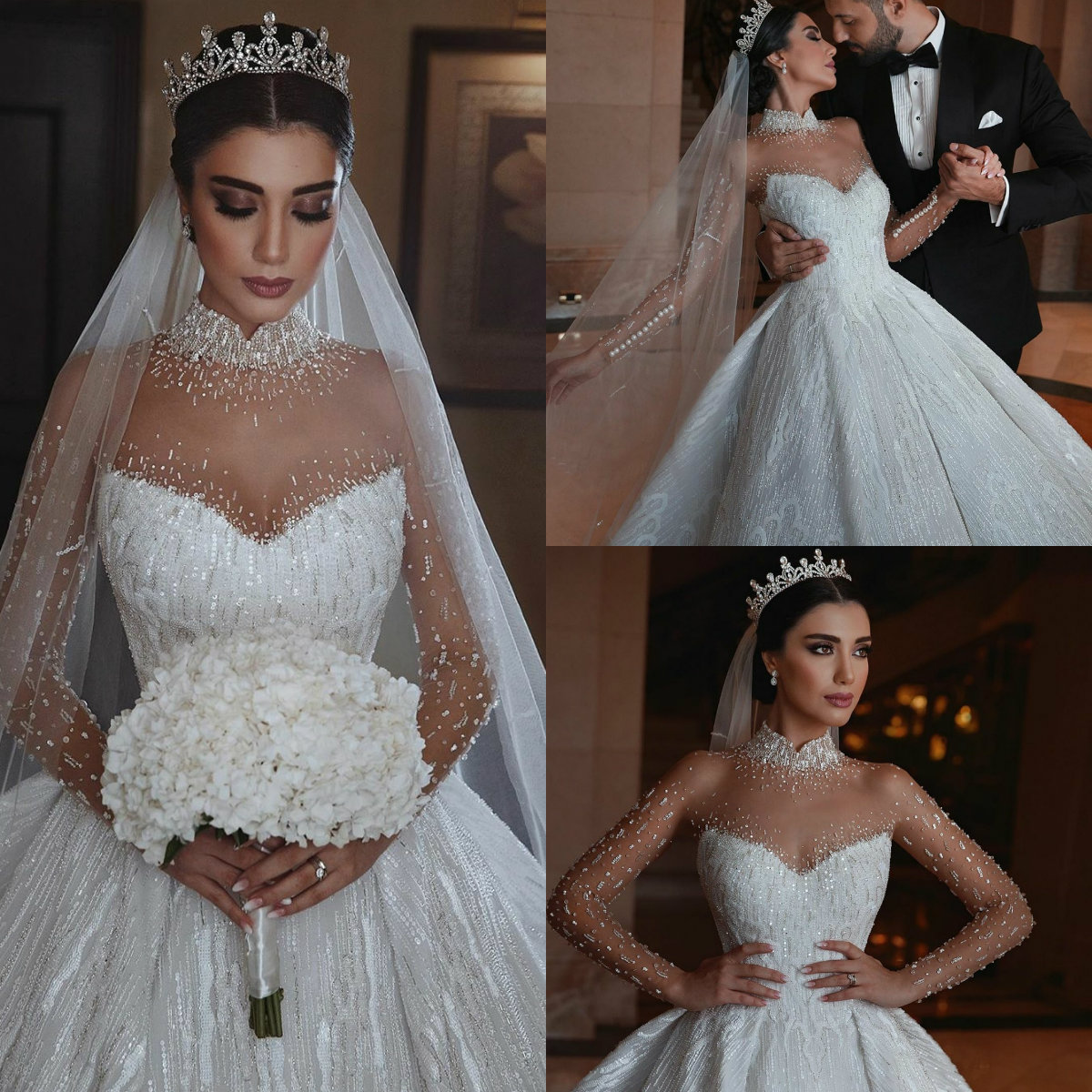 Arabic Dubai Vintage Wedding Dresses with High Collar Sheer Long Sleeve Luxury Sequined Garden Wedding Dress Beads vestido de novia