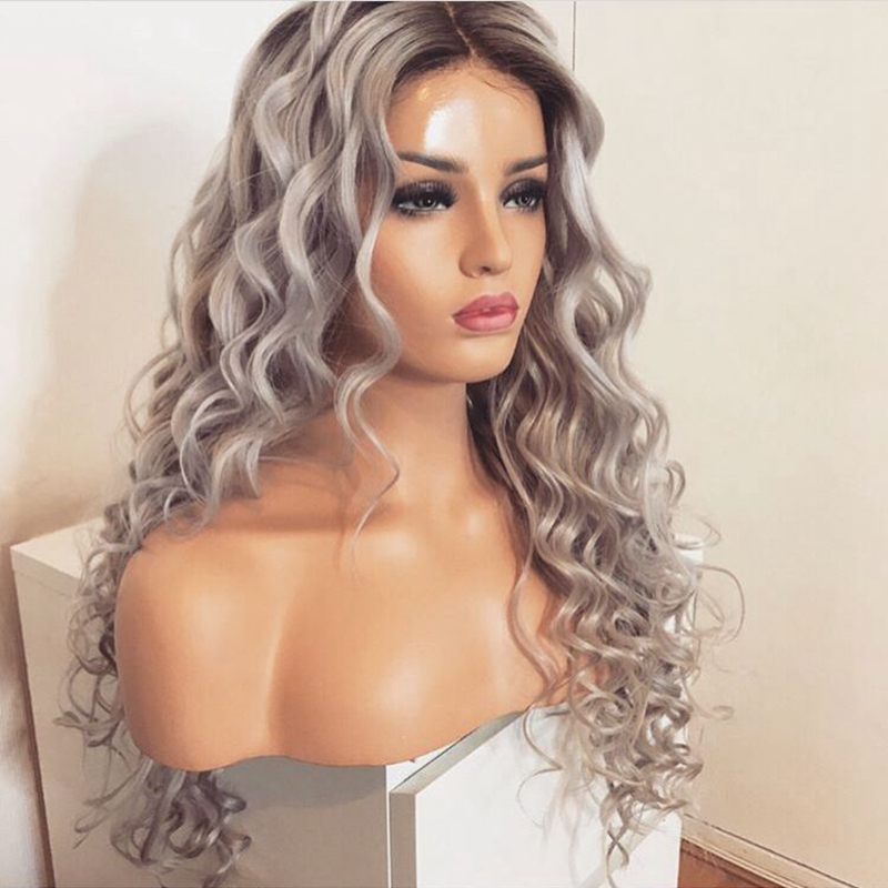 Hotselling ombre hair Grey Wig deep Curly brazilian full Lace Front Wig With Baby Hair 180% Density Ombre synthetic Wigs For Black Women