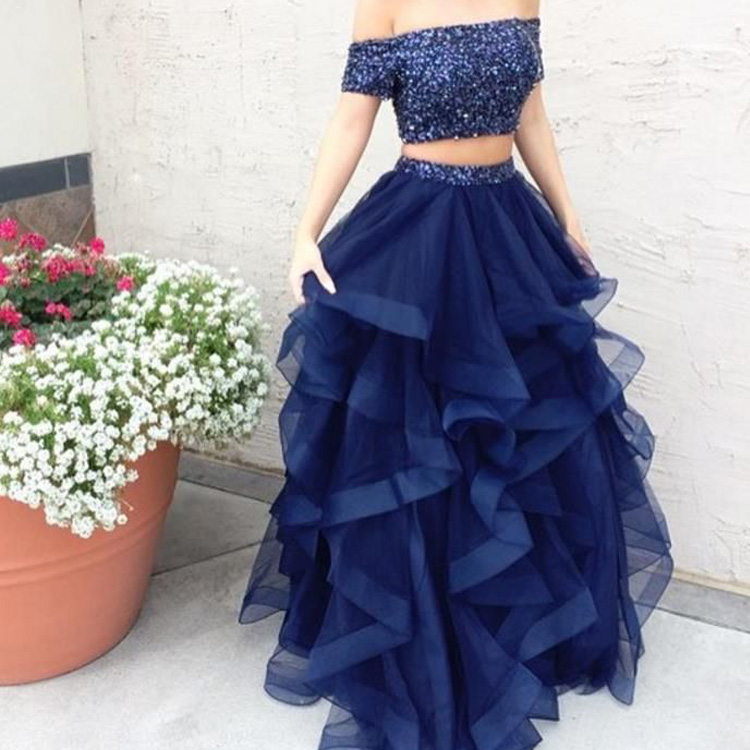 Sparkly Navy Sequined Prom Dresses 2019 Sexy Off Shoulder Backless Homecoming Dresses Tiered Cocktail Party Girls Pageant Gowns