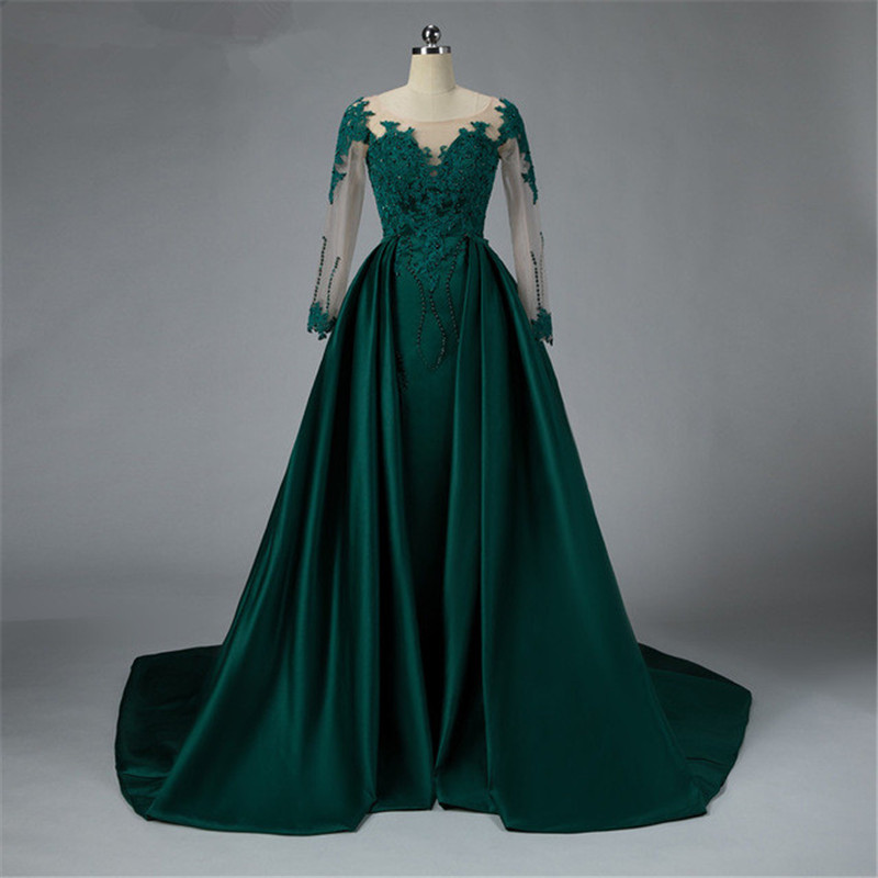 setwell dark green satin mermaid evening dresses custom side split gown detachable train long sleeves prom dress robe de soiree