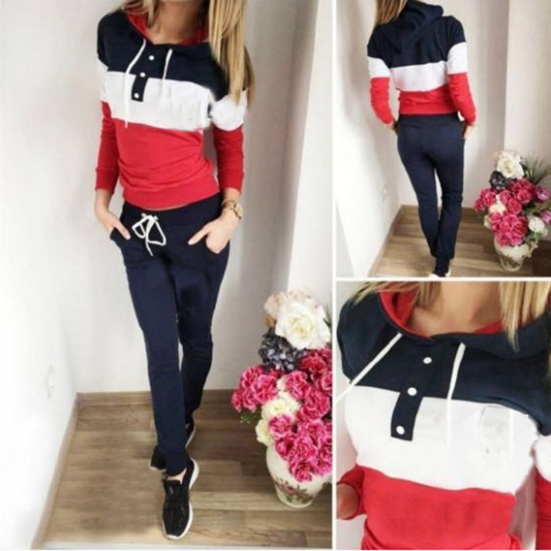 Patchwork Button Drawstring 2 Two Piece Set Top And Pants Elastic Tracksuit Women Hoodies 2018Sportswear Sweat Suit ** C18122401