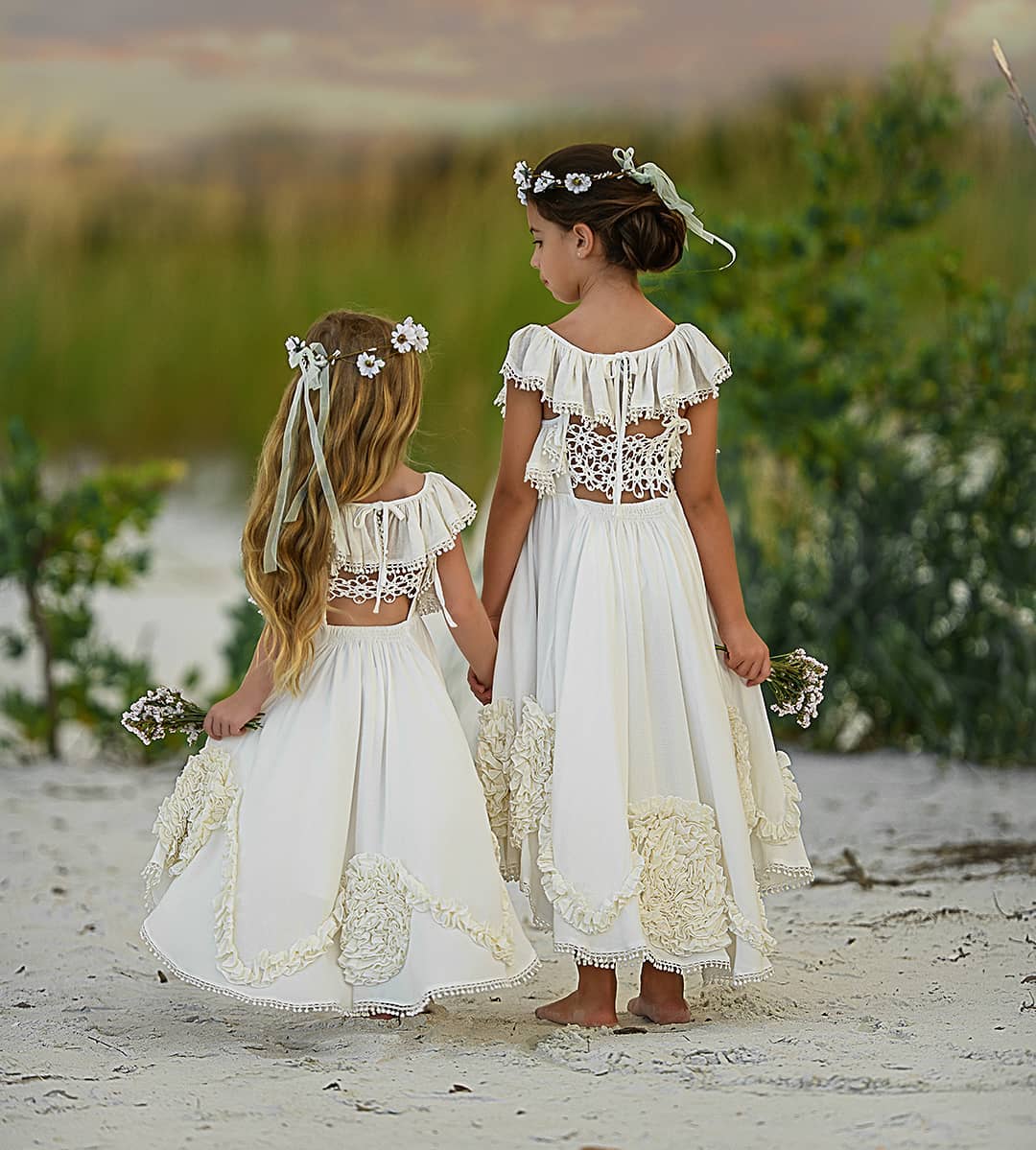 Stylish High Low Bohemia Flower Girl Dresses For Beach Wedding Pageant Gowns Ruffled Boho Kids First Holy Communion Dress