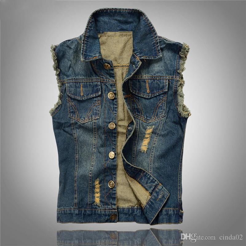 korean mens jeans vest ripped denim jacket slim fit sleeveless summer new style jeans male coat 6xl
