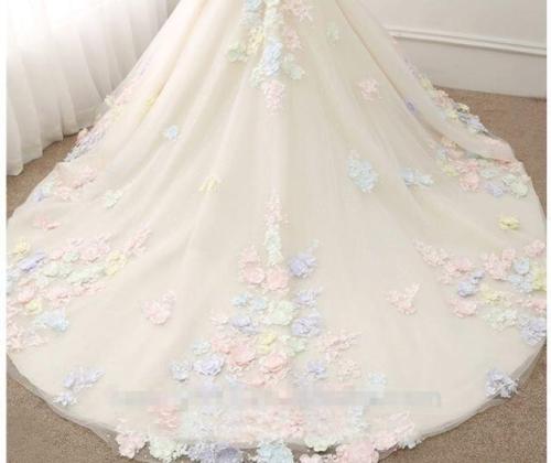 elegant a line chapel wedding dresses colorful flower lace up appliques with long train bridal gowns plus size wedding dress robe de marie