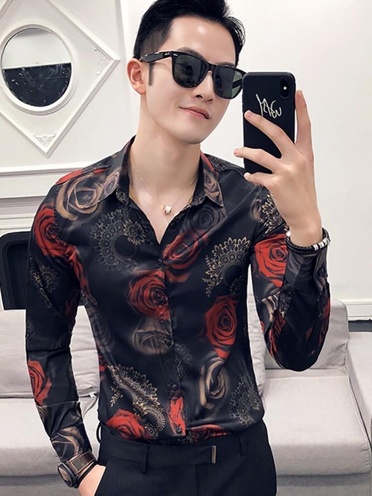 Spring Men Floral Print Flower Shirt Chemise Homme Clothing For Men Club Party Wedding Long Sleeve Shirt Camisa Masculina