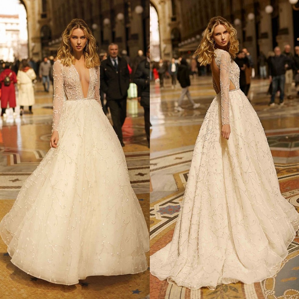 Berta Fabulous Backless Wedding Dresses Beading Deep V Neck Long Sleeves Bridal Gowns Appliqued A E Sweep Train Tulle Robe De Mari E