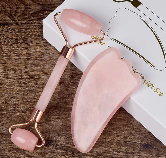 Natural Pink Crystal Jade Roller Double Head Rose Quartz Massage Roller Real Stone Facial Massager Guasha scraping Tool Set with Box
