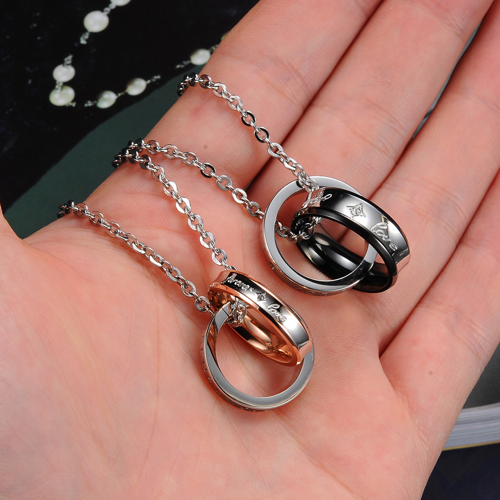Couple Necklace FOREVER LOVE Lettering Name Double Circle Stainless Steel Pendant Necklaces For Lovers Valentine's Day Gift