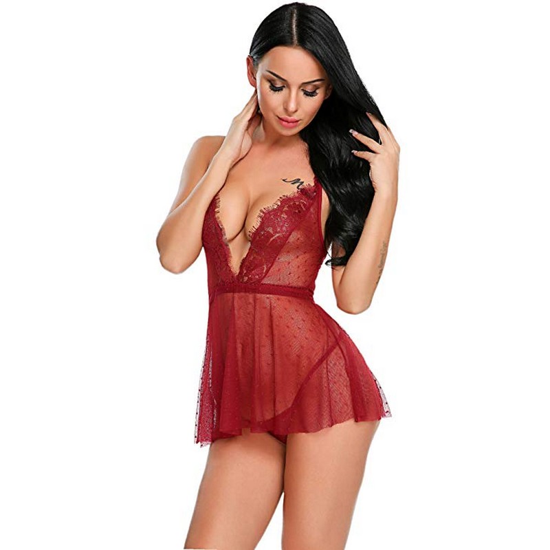 Women S-XXL Sexy Intimate Apparel Lingerie Dots Lacy Plunge V-neck Babydoll Chemise and Panty Set Sheer Lace Mesh Sleepwear Dress