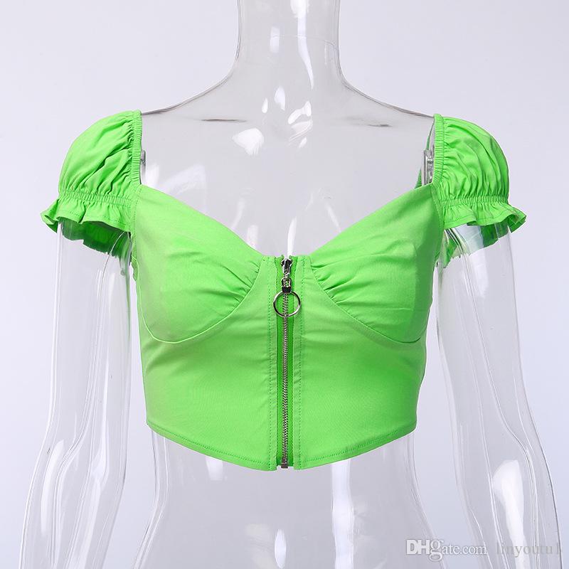 2020 Ladies Women Summer Sexy Slim Short Sleeve T-Shirt Casual Crop Tops Tee Shirts Club Front Zip Up Vest Crop Tops