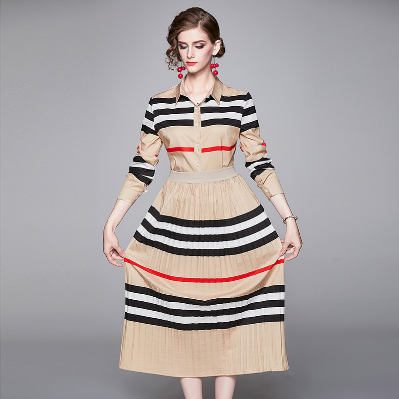 Luxury Fashion Women's Two Piece Dress Striped Long Sleeve Shirt+Pleated Skirt Suit Dress Plus Size Ladies Office Two Pieces Sets Dresses, Customize
Luxury Fashion Women's Two Piece Dress Striped Long Sleeve Shirt+Pleated Skirt Suit Dress Plus Size Ladies Office Two Pieces Sets Dresses, Customize