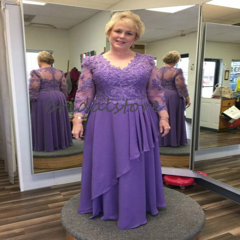 Plus Size Mother Of The Bride Dresses Lilac Sexy V Neck Floor Length Chiffon Evening Party Gowns Lace Long Sleeve Groom Mom Wear