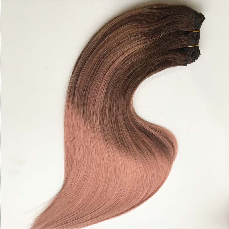 Brazilian Remy Hair 100% Human Hair Weft Balayage Ombre Color Darker Brown Fading to Rose Golden Straight Sew in Hair Bundles