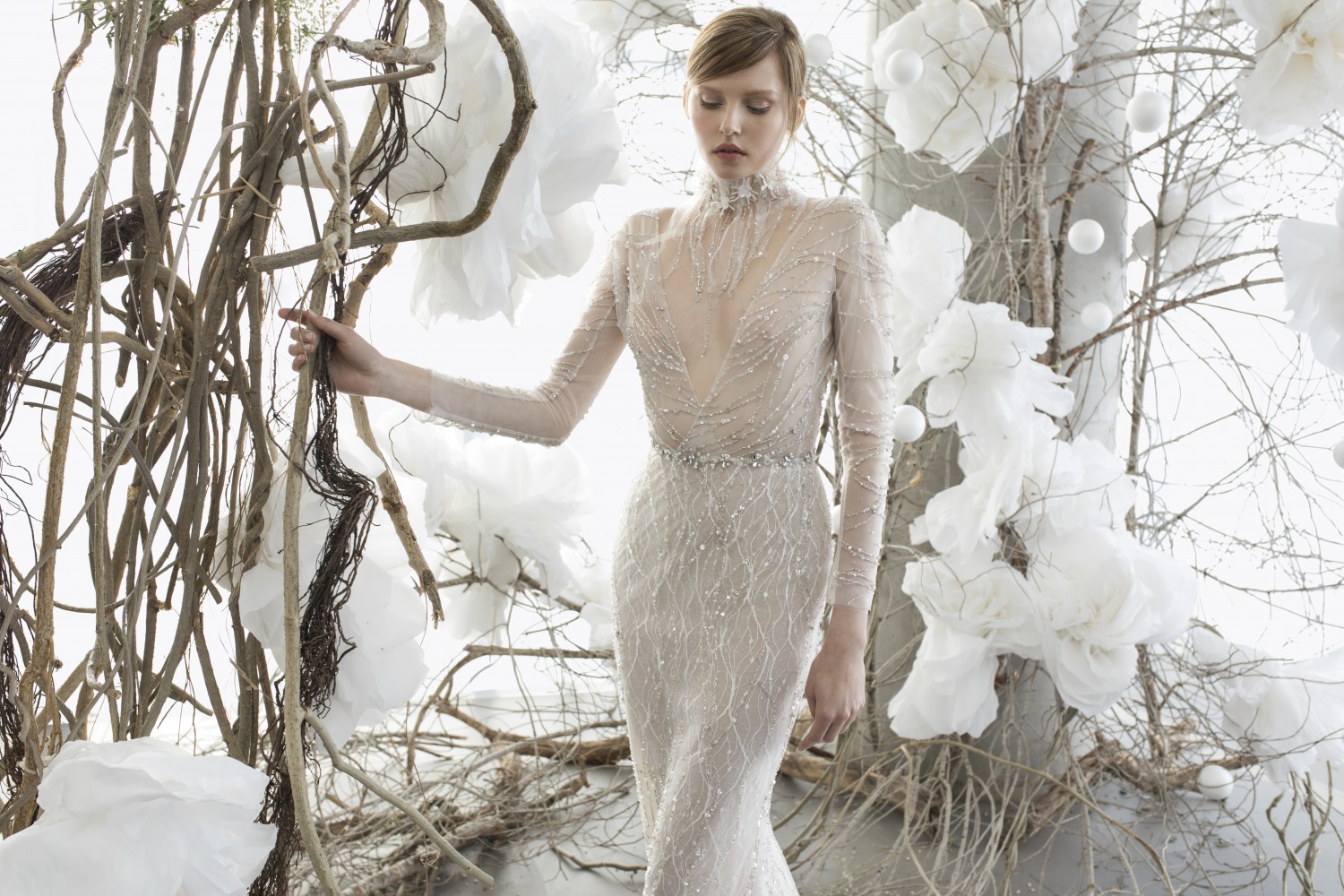 Lace Mermaid Wedding Dresses Deep V Neck Lace Sequins Beads Long Sleeve Beach Wedding Dress Illusion Bodice Sexy Country Bridal Gowns