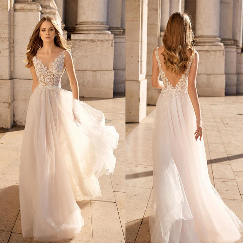 Sexy Ivory Deep V Neck Wedding Dress Cheap Backless Tulle Bridal Gowns Illusion Bodice Floor Length Bride Dresses For Wedding