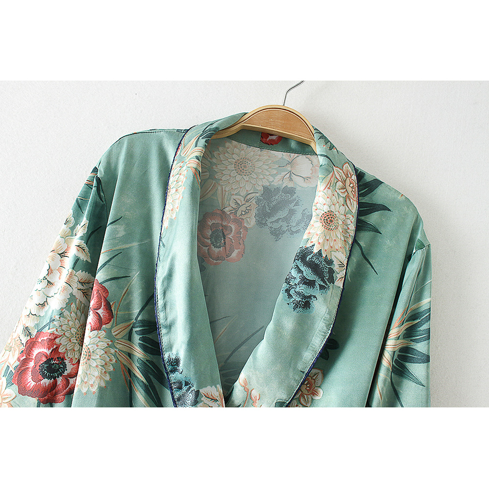 2019 New Vintage Pareo Retro Floral Print Green Long Kimono Jacket Long Sleeve Cardigan Maxi Shawl Summer Tops Belted Beachwear V191019