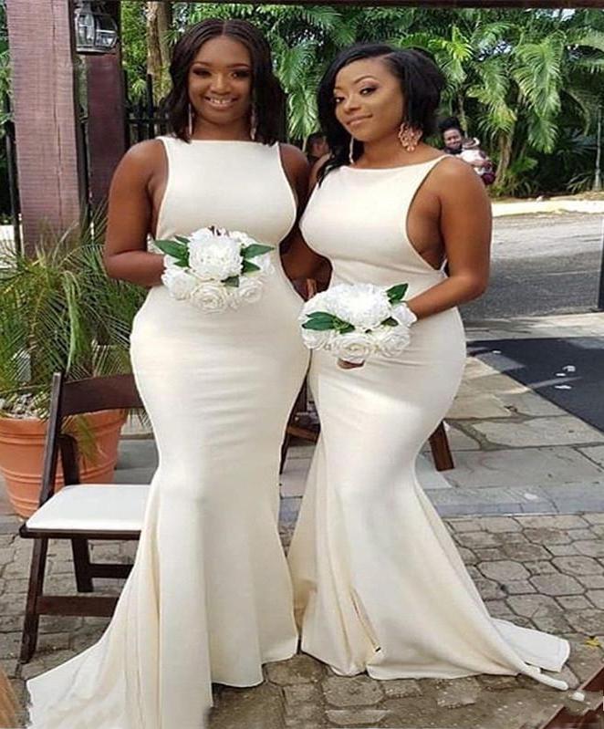 Plus Size White Mermaid Bridesmaid Dresses Party Evening Dresses Plus Size Long Maid of Honor Dress Backless Prom Gown